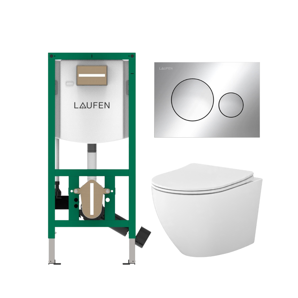 Komplektas: rėmas Laufen INEOLINK su chromine plokštele ir unitazas CERSANIT DESSE Vortex