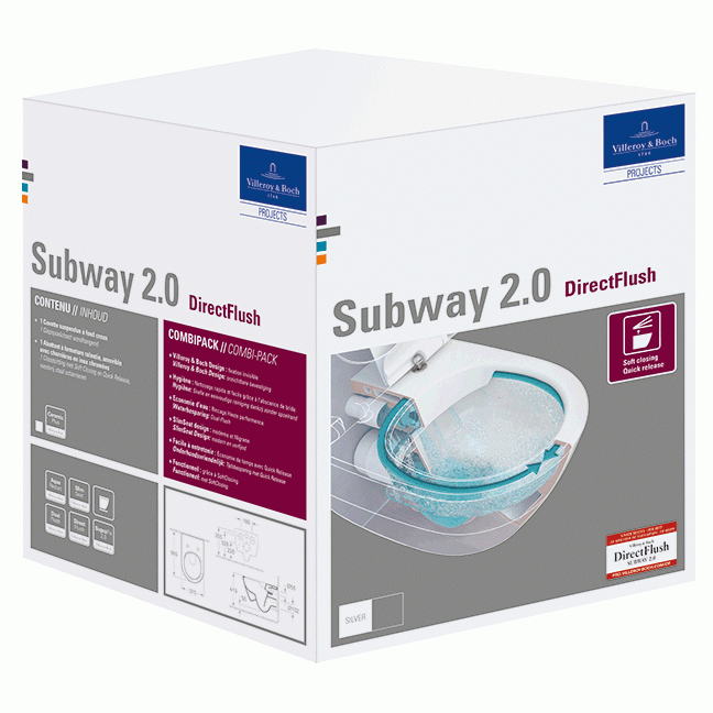 Pakabinamas unitazas Villeroy & Boch Subway 2.0 DirectFlush su CP danga ir SC slim dangtis, balta, 5614R2R1