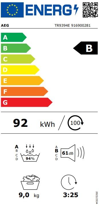 Džiovyklė su šilumos siurbliu AEG AbsoluteCare Plus, TR9394E, 9 kg Džiovyklė su šilumos siurbliu AEG AbsoluteCare Plus, TR9394E, 9 kg