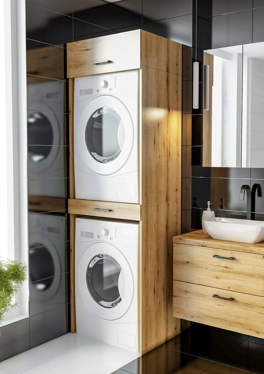 Spintelė ADK Meble OLTINO skalbimo mašinai ir džiovyklei, su lentynėle viršuje, medžio sp., OLTINO W1