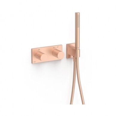 Dušo sistema termostatinė su 30 cm skersmens stacionaria galva TRES B-SYSTEM, 2 krypčių, matinis raudonas auksas, 30735204OPM