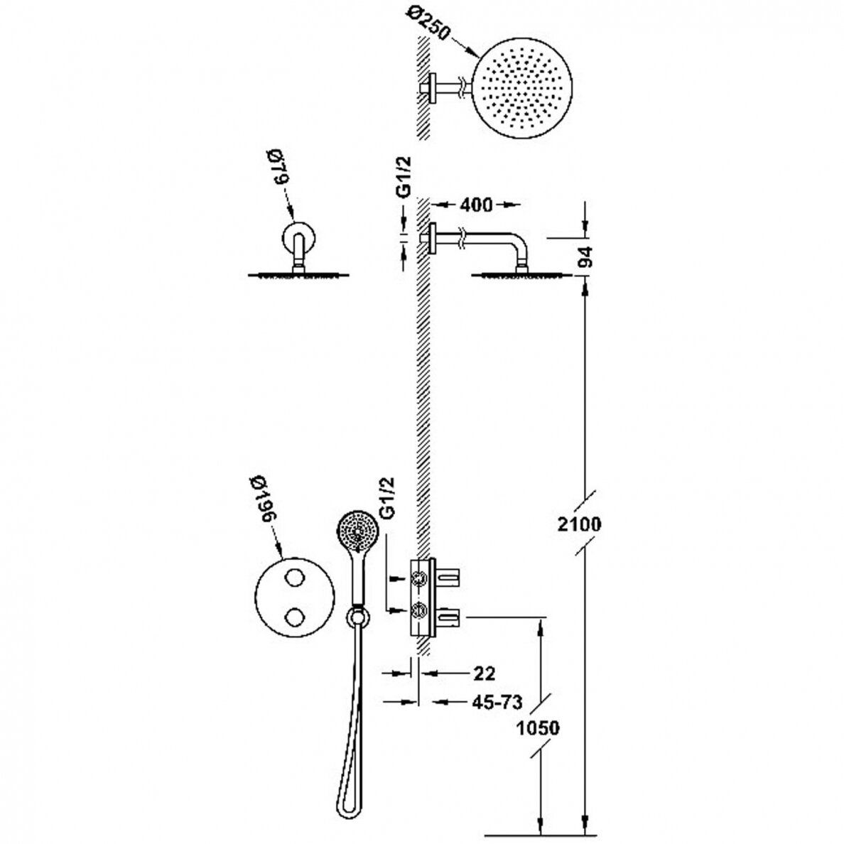 Dušo sistema potinkinė termostatinė TRES THERM-BOX, chromas 20425004