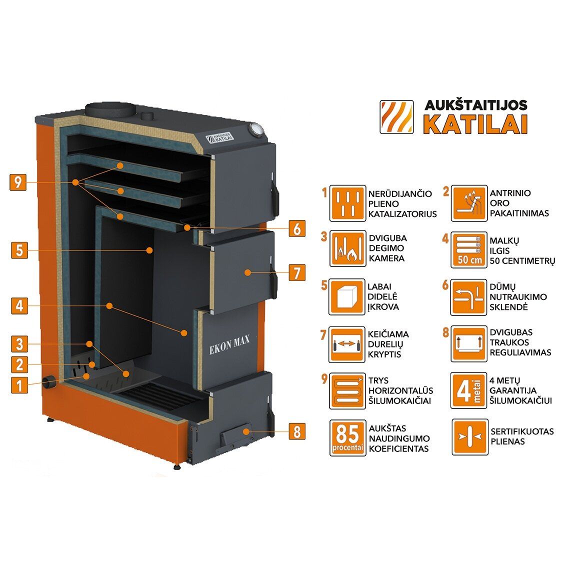 Kieto kuro katilas EKON MAX, apatinio degimo, 40kW, su nerūdijančio pl. šilumokaičio apatine dalimi