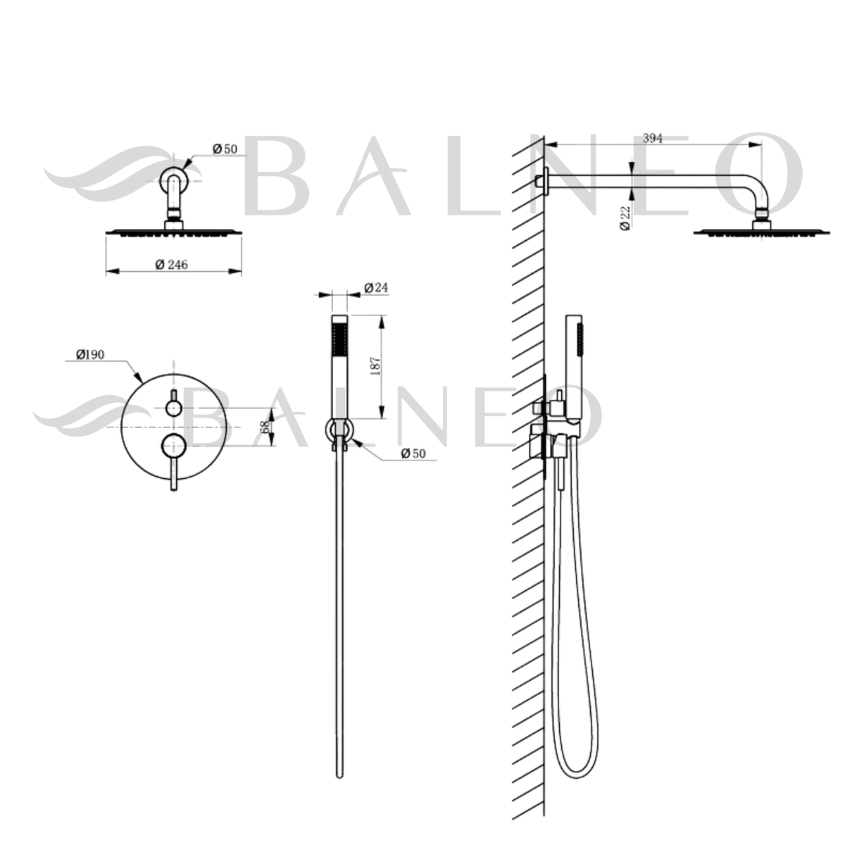 Potinkinė dušo sistema Balneo CASCADE - 2, nerūdijantis plienas, H0301020606