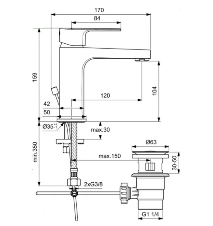 Maišytuvas praustuvui Ideal Standard Cerafine D H105 su vožtuvu, BC491AA