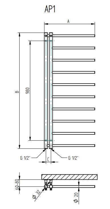 Rankšluosčių džiovintuvas PMH Apollo 50x114 cm, chromas, dešinė, AP1C