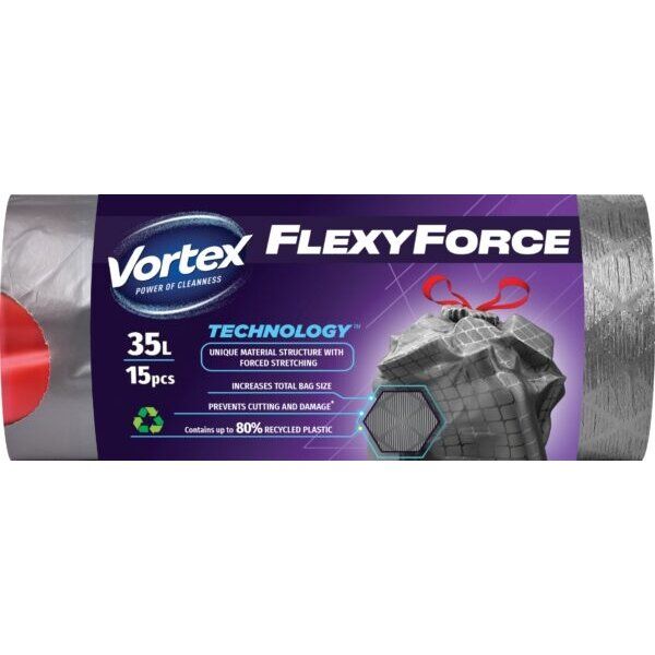 Šiukšlių maišai VORTEX FLEXY Steel, pilki, rišami juostele, 35L/15vnt.