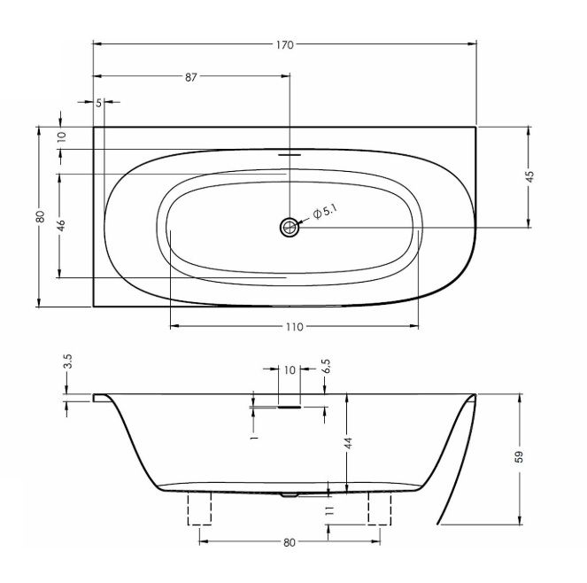 Laisvai statoma akrilinė vonia Riho Omega Corner 170x80 cm su sifonu ir kojelėmis, dešinė