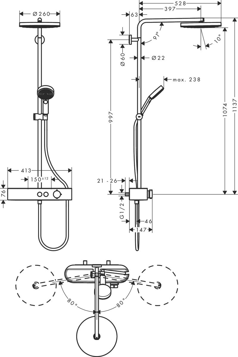 Dušo sistema Hansgrohe Pulsify S 260 1jet, chromas, 24220000