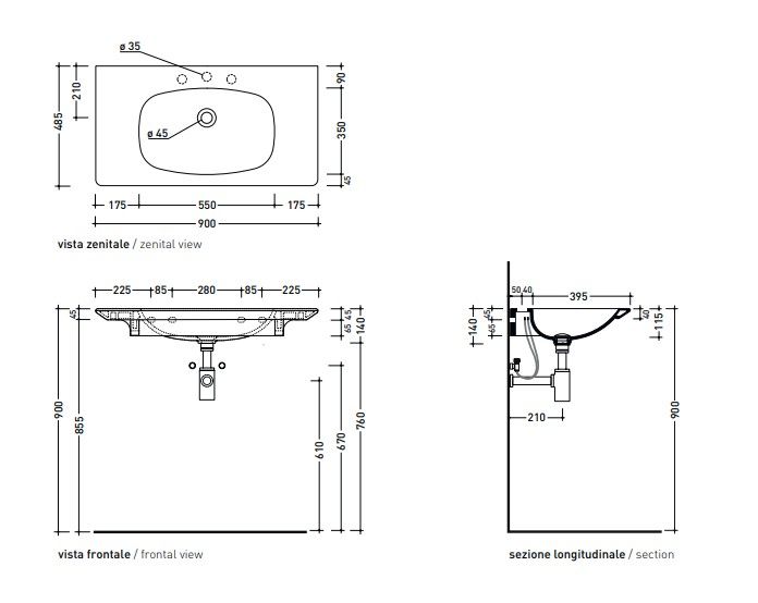 Praustuvas NUDA 900*485 mm su skyle maišytuvui, baltas ND90L