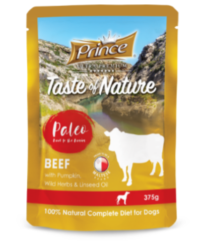 PRINCE Taste of Nature Paleo šlapias ėdalas šunims jautiena/moliūgas/laukinės žolelės/linų sėmenų aliejus 375g PRINCE Taste of Nature Paleo šlapias ėdalas šunims jautiena/moliūgas/laukinės žolelės/linų sėmenų aliejus 375g