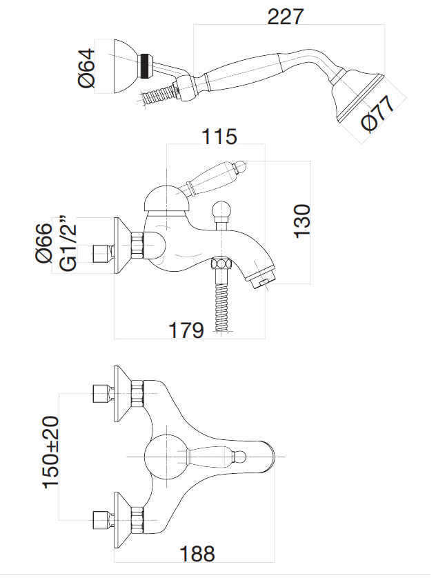 Maišytuvas voniai su dušo komplektu IMPERIAL BLACK, sendinta bronza