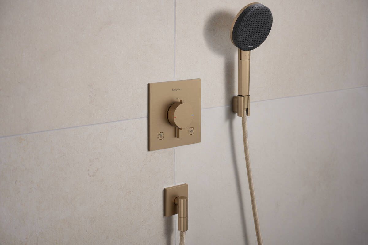 Hansgrohe Raindance Alive Select S dušo komplektas su laikikliu, Brushed Bronze 125 mm, 3 srovių, EcoSmart, Designflex tekstilinė žarna 160 cm, 24611140