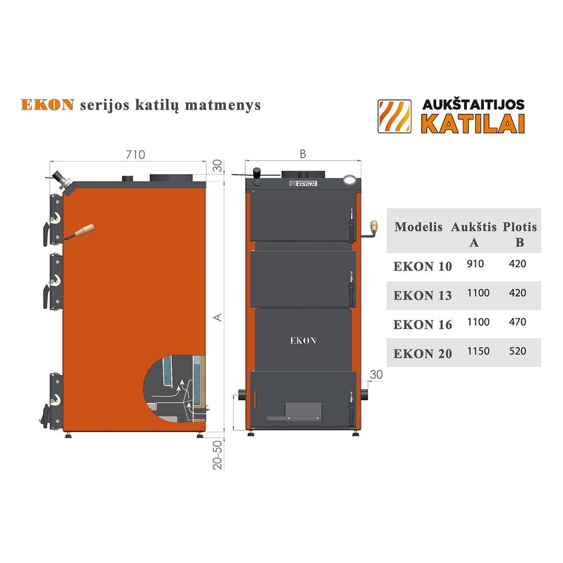 Kieto kuro katilas EKON, apatinio degimo, 10kW, su nerūdijančio pl. šilumokaičio apatine dalimi