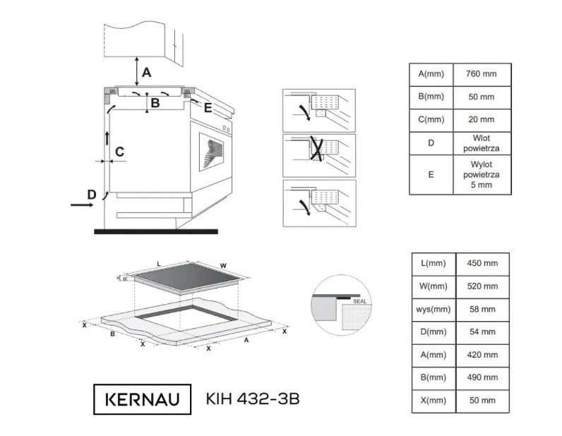 Įmontuojama indukcinė kaitlentė Kernau KIH 432-3B, 45 cm