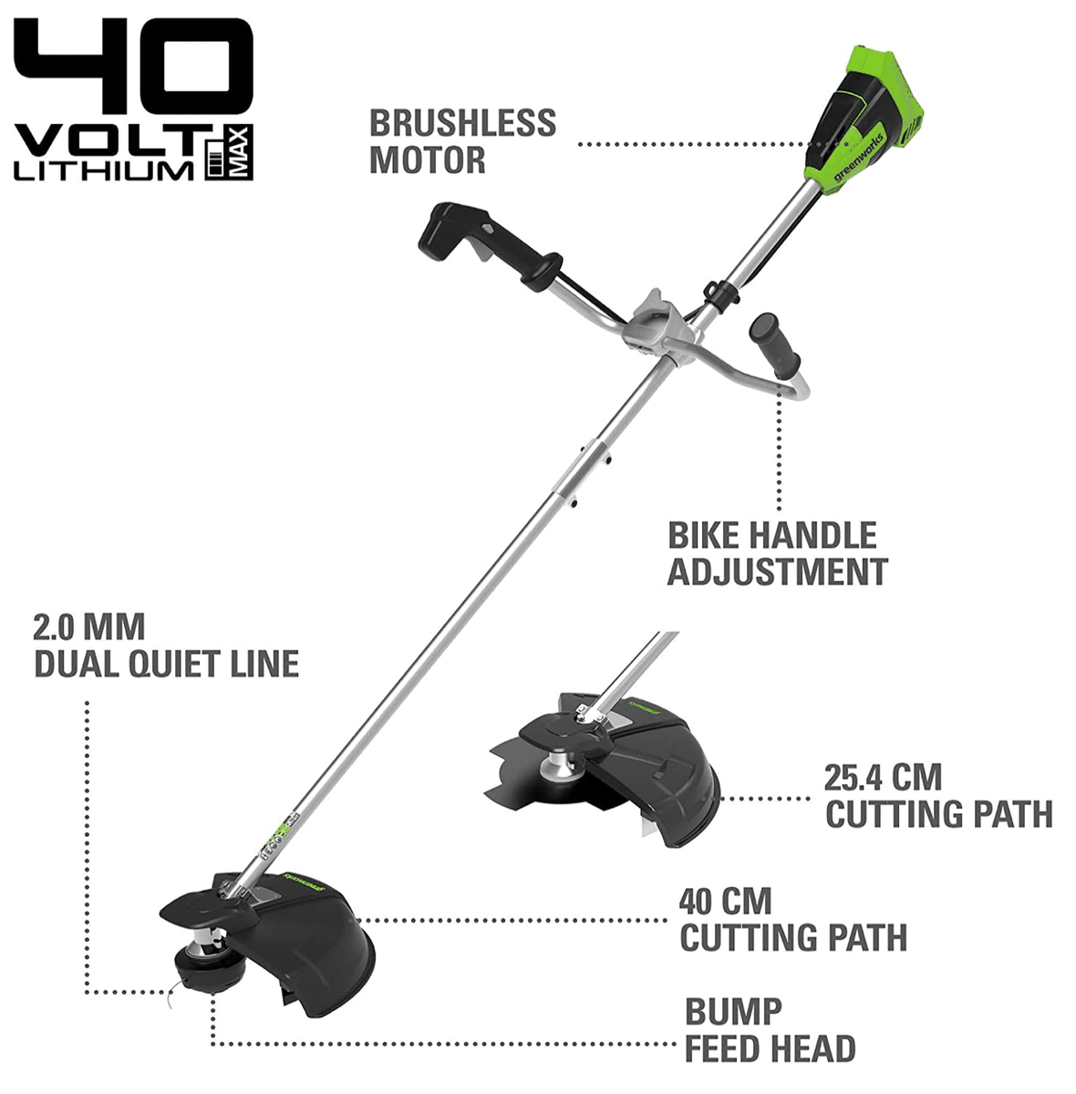 Akumuliatorinis trimeris - žoliapjovė / krūmapjovė Greenworks GD40BCB, 40 V, (be akum. ir krov.)