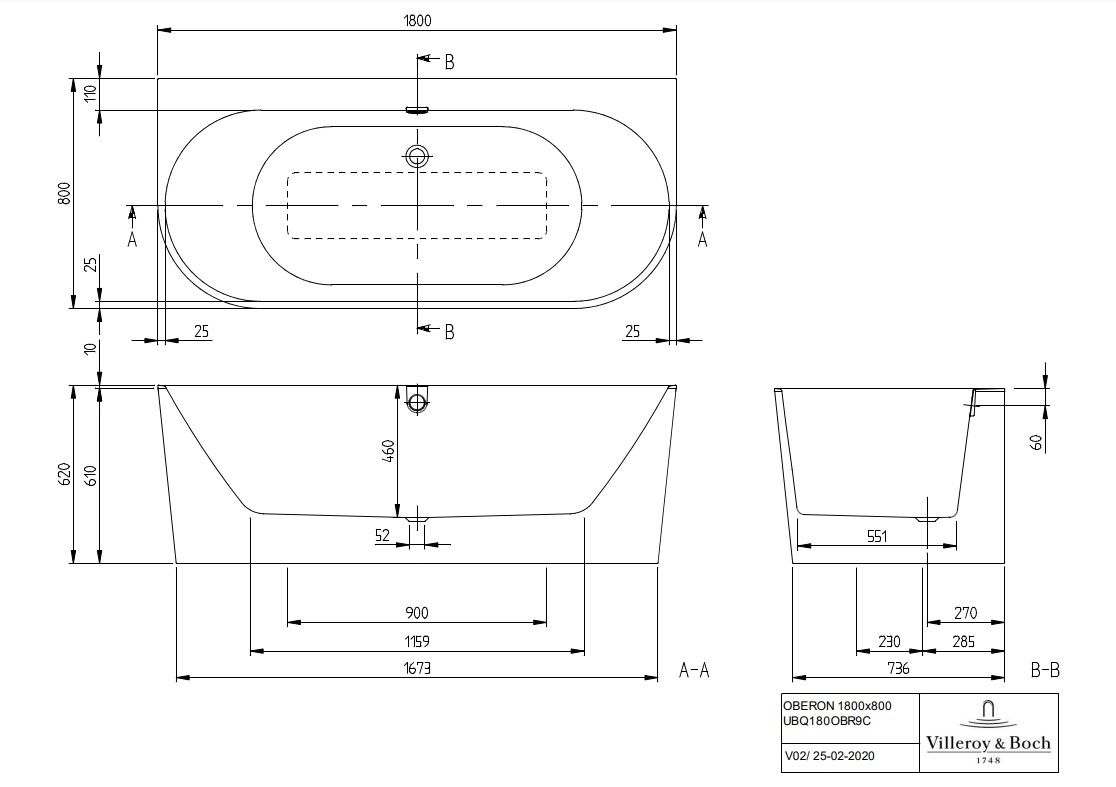 Quaryl vonia Villeroy & Boch Oberon 2.0 180x80 cm, balta, UBQ180OBR9CD00V01