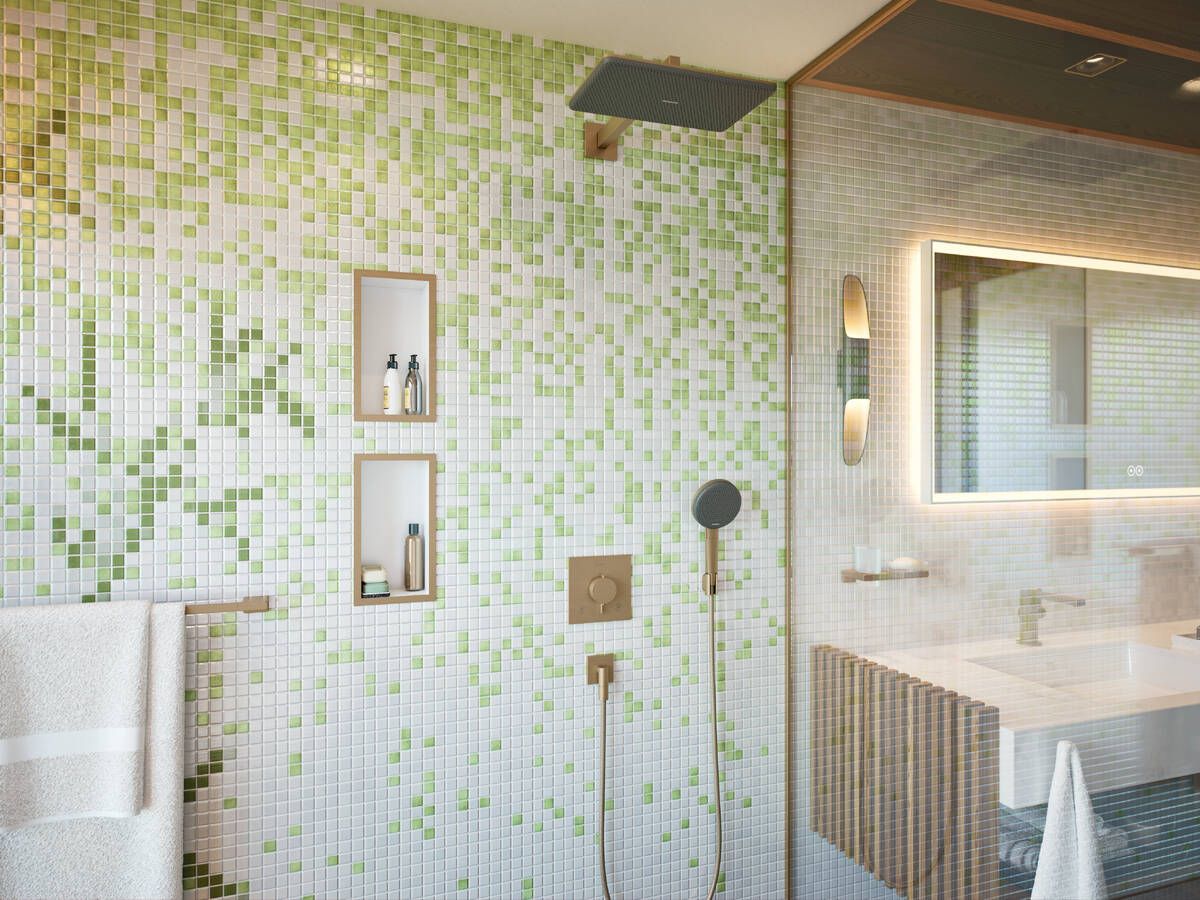 Hansgrohe Raindance Alive Select S dušo komplektas su laikikliu, Brushed Bronze 125 mm, 3 srovių, EcoSmart, Designflex tekstilinė žarna 160 cm, 24611140