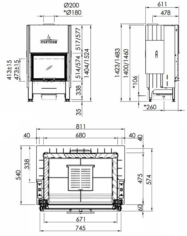 Plieninis židinio ugniakuras Spartherm Varia 1Vh-4S, stiklo aukštis 51,3 cm