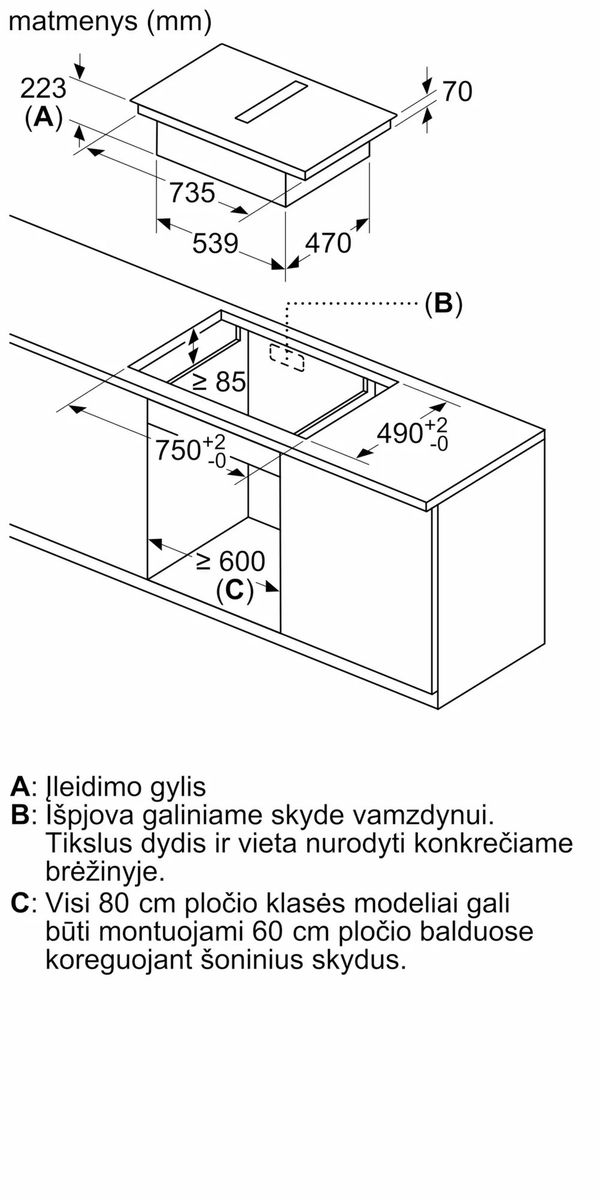 Įmontuojama indukcinė kaitlentė su integruotu gartraukiu Neff N 90, Flex Design, V68YYX4B0, 80 cm