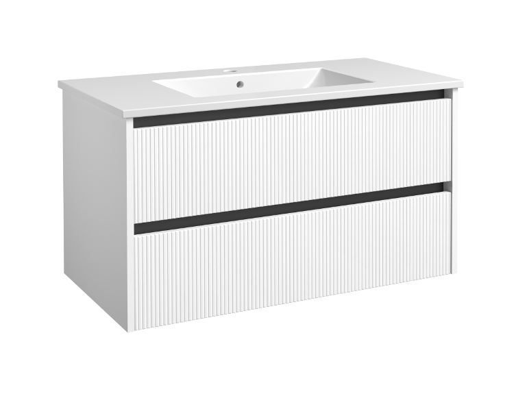 Apatinė spintelė Kame Urban su stalčiais, praustuvu, juodo aliuminio profiliu, balta matinė, 101 cm, 201137112