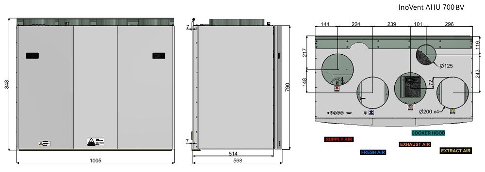 Rekuperatorius ENSY InoVent AHU-700BV/1 vert. kair. p. 840m³/h. Komplekte valdiklis su WI-FI