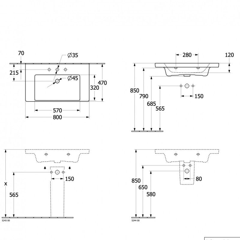 Praustuvas Villeroy & Boch SUBWAY 3.0, 800x470 mm, baltas, 4A708001