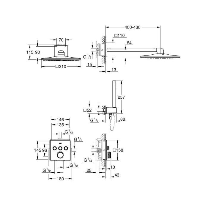 Potinkinis termostatinis komplektas SmartControl Cube 310, 3 padėčių, 158x158mm chromas 34706000