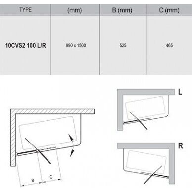 Vonios sienelė Ravak 10CVS2-100 L balta + stiklas, Transparent 7QLA0103Z1