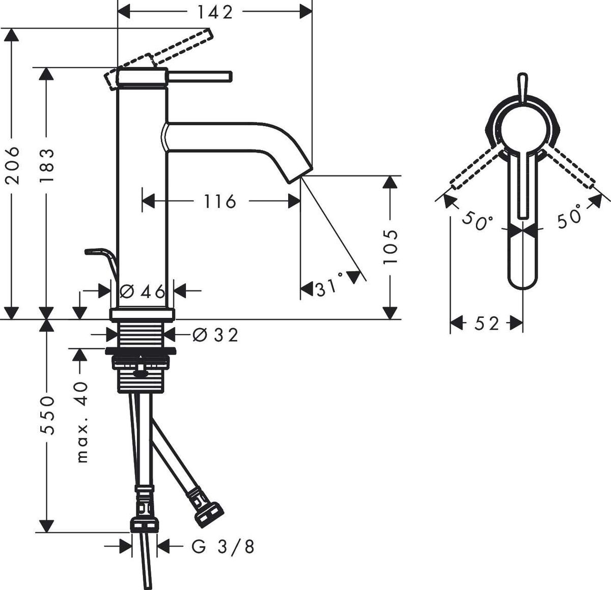 Praustuvo maišytuvas Hansgrohe Tecturis S 110 su dugno vožtuvu, chromas, 73310000