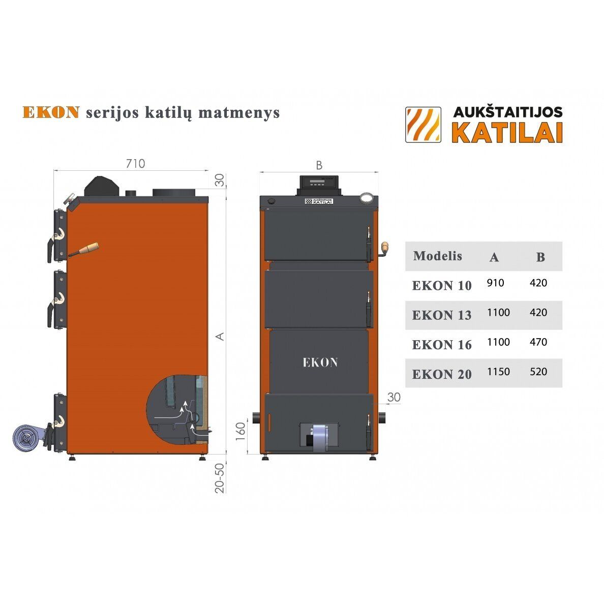 Kieto kuro katilas EKON+E, apatinio degimo, 10kW, su orapūte, valdikliu, dūmų temperatūros davikliu ir nerūdijančio pl. šilumokaičio apatine dalimi