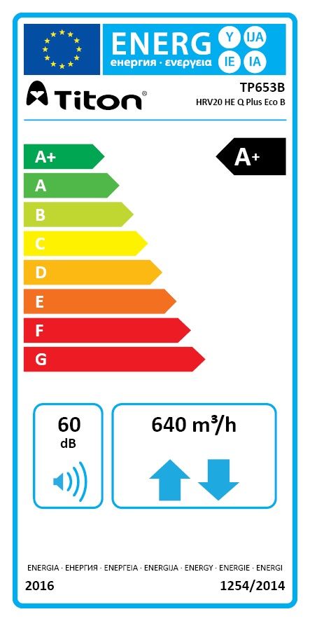 Rekuperatorius TITON HRV20 HE Q Plus B Eco su integruotu pultu, kairinis 640m3/h@100Pa