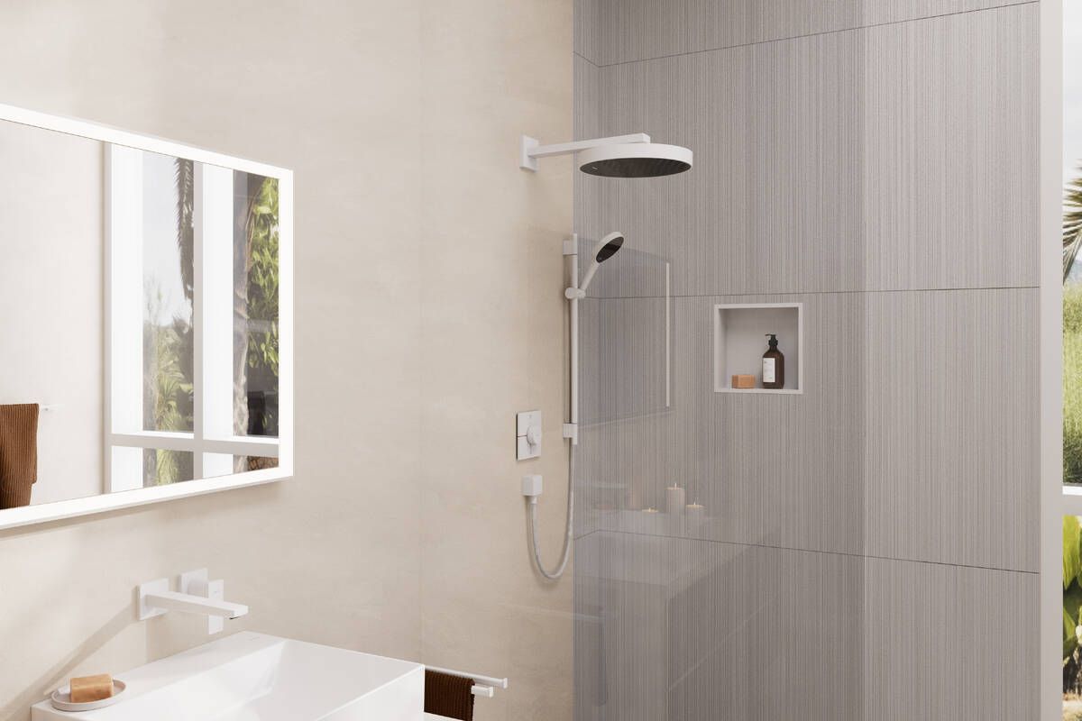 Dušo komplektas Hansgrohe Rainfinity, 3 pad. dušo galvutė, stovas 65cm.,spalva balta, 28745700