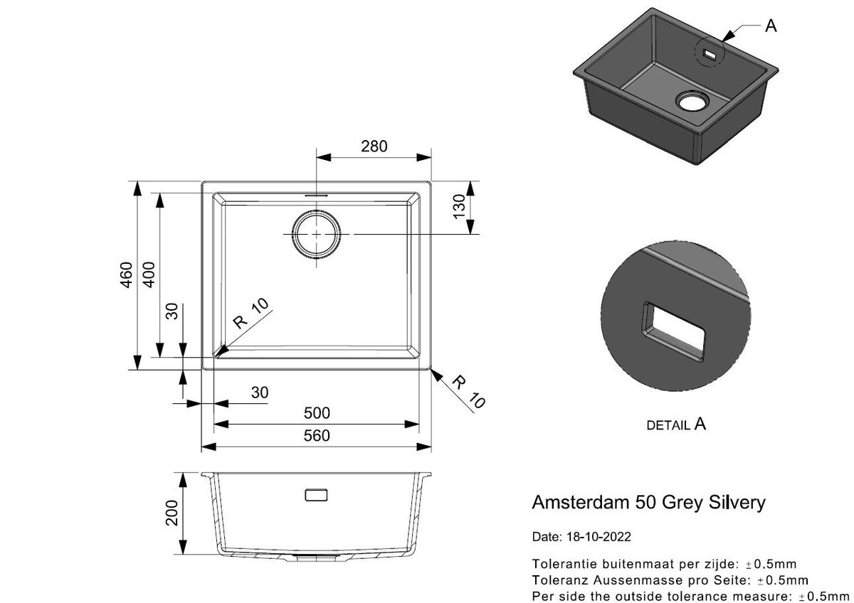 Granitinė plautuvė Reginox Amsterdam 50 Grey Silvery, 56x46 cm, pilka, R30851
