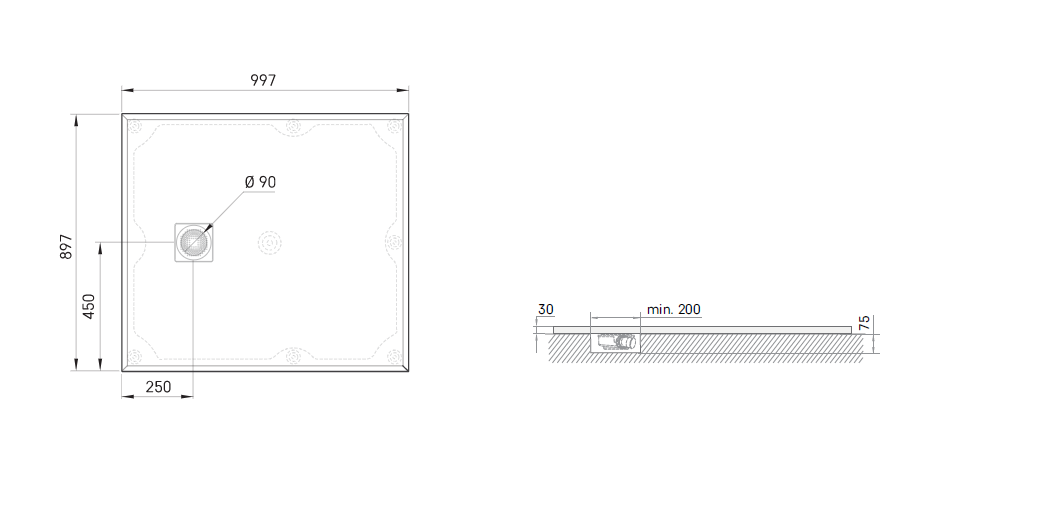 Akmens masės dušo padėklas PAA Lettera 90x100 cm (be panelio) Akmens masės dušo padėklas PAA Lettera 90x100 cm (be panelio)