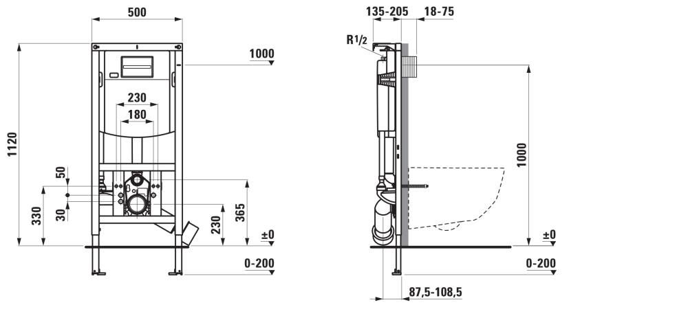 Komplektas: rėmas Laufen INEOLINK su juoda matine plokštele ir unitazas JIKA Clean MILA rimless su bidė funkcija