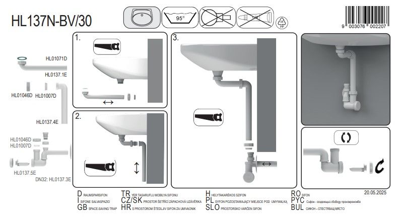Taupantis vietą sifonas praustuvams su integruotu alsuokliu HL137N-BV, DN32 Taupantis vietą sifonas praustuvams su integruotu alsuokliu HL137N-BV, DN32