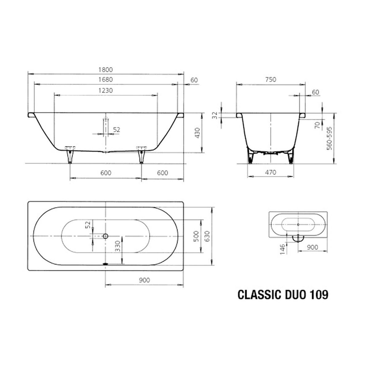Plieninė vonia Kaldewei Classic Duo 180x75 cm, balta, 290900010001
