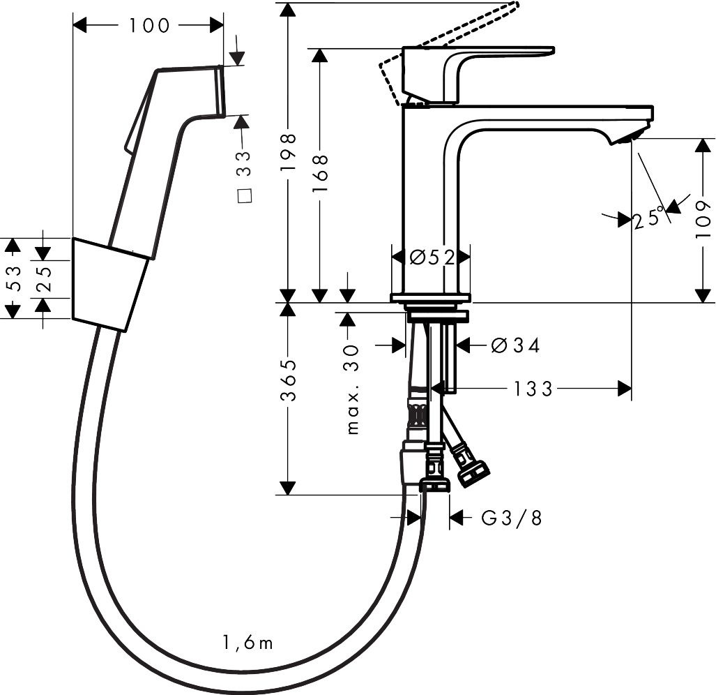 Praustuvo maišytuvas HANSGROHE Rebris S 110 su bidė dušeliu ir 160 cm žarna, chromuotas, 72215000 Praustuvo maišytuvas HANSGROHE Rebris S 110 su bidė dušeliu ir 160 cm žarna, chromuotas, 72215000