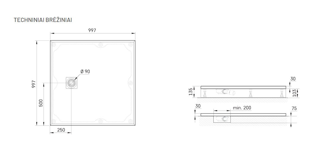 Dušo padėklas PAA Lettera KV100 100×100 cm komplektas