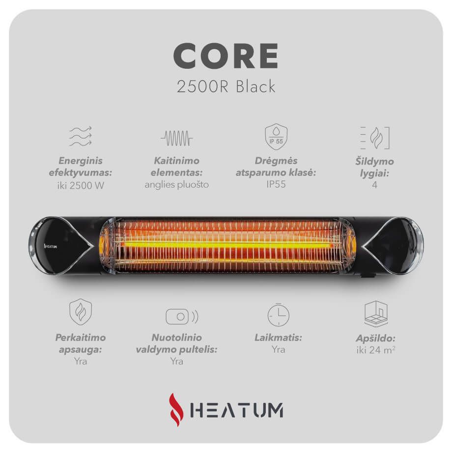Pastatomas Infraraudonųjų spindulių šildytuvas Heatum H2500R CORE BLACK su trikoju stovu Pastatomas Infraraudonųjų spindulių šildytuvas Heatum H2500R CORE BLACK su trikoju stovu