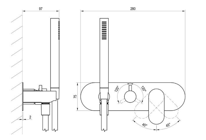 Potinkinis maišytuvas, 3 krypčių be korpuso, su dušo komplektu, grafito, X070333