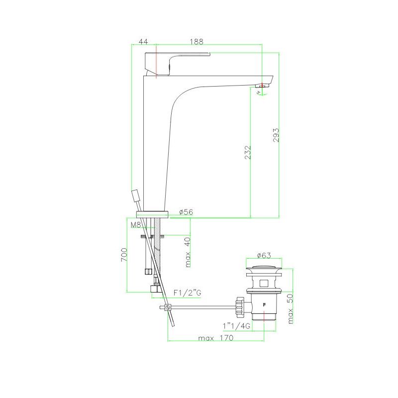 Aukštas maišytuvas praustuvui Fiore Kera, su dugno vožtuvu