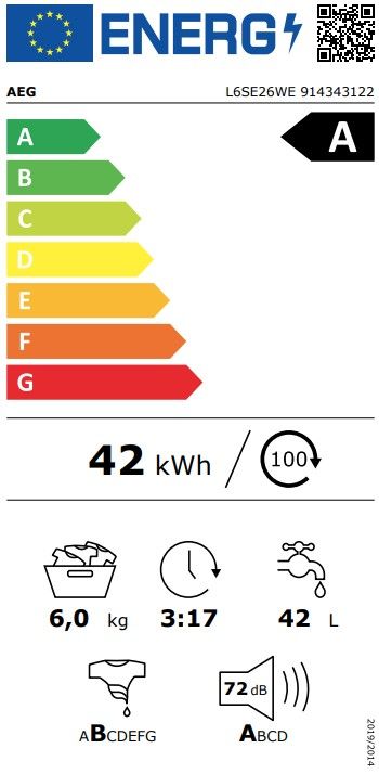 Skalbimo mašina AEG 6000 serija, ProSense, L6SE26WE, 6 kg Skalbimo mašina AEG 6000 serija, ProSense, L6SE26WE, 6 kg