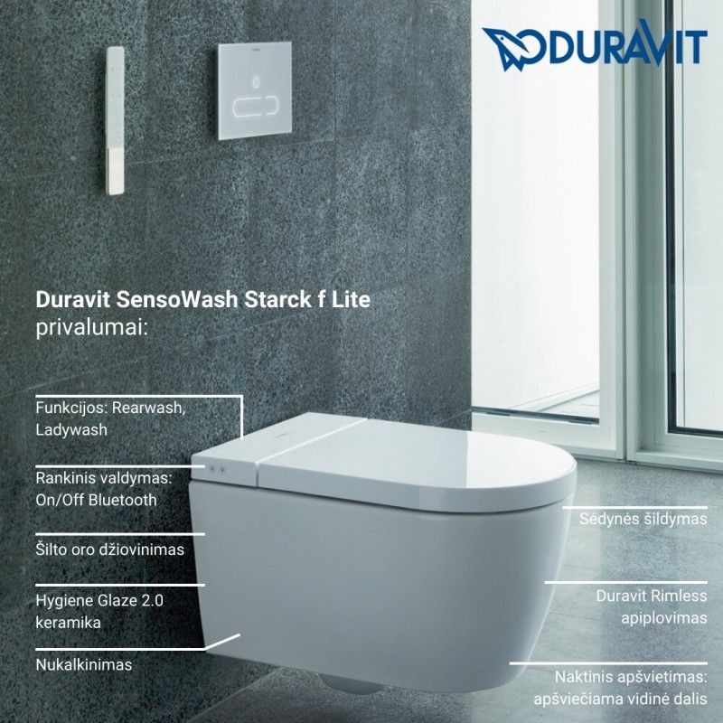 Komplektas: Duravit SensoWash Starck f Lite klozetas su potinkiniu rėmu Duravit DuraSystem ir chromo spalvos mygtuku WD7011007000