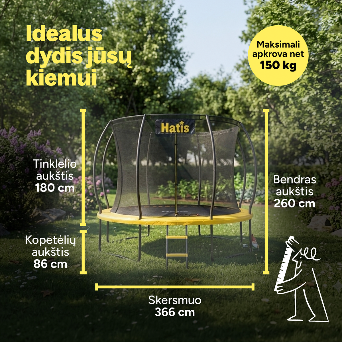 Batutas HATIS 3,66 m, su vidiniu apsauginiu tinklu ir laipteliais Batutas HATIS 3,66 m, su vidiniu apsauginiu tinklu ir laipteliais