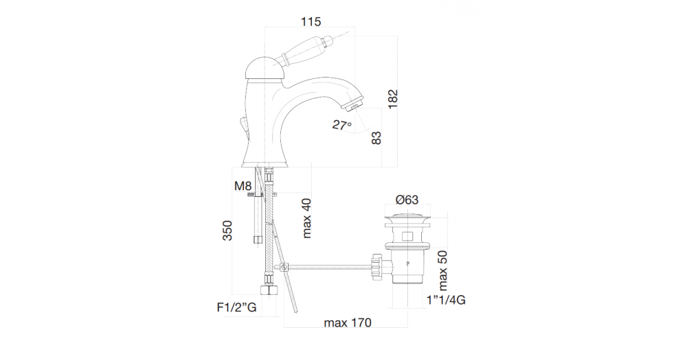 Maišytuvas praustuvui IMPERIAL su dugno vožtuvu, sendintas varis, 83RR5221