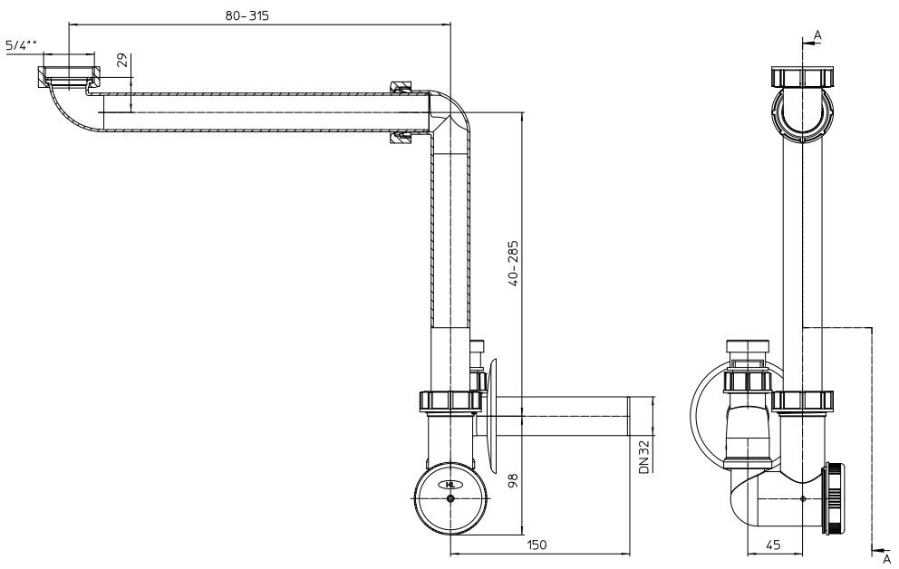 Taupantis vietą sifonas praustuvams su integruotu alsuokliu HL137N-BV, DN32 Taupantis vietą sifonas praustuvams su integruotu alsuokliu HL137N-BV, DN32