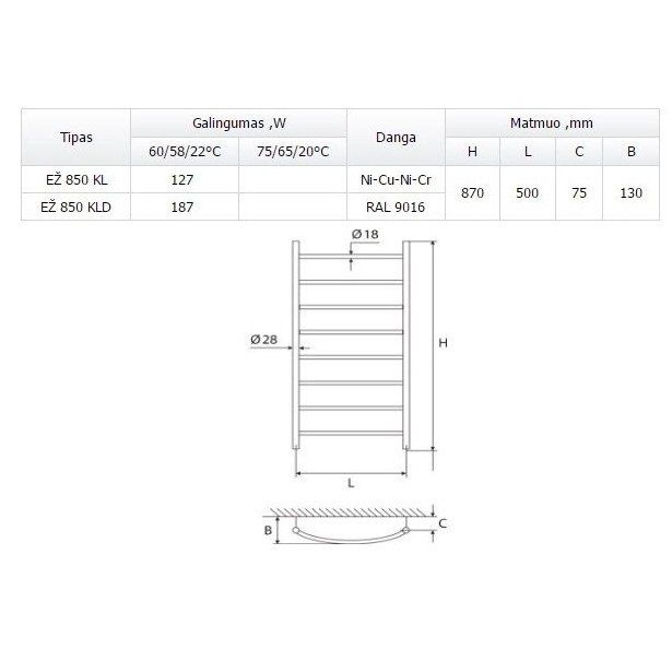 Rankšluosčių džiovintuvas 500x870 mm EV 850 KL EV850KL chromas