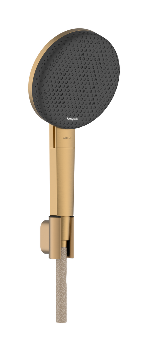 Hansgrohe Raindance Alive Select S dušo komplektas su laikikliu, Brushed Bronze 125 mm, 3 srovių, EcoSmart, Designflex tekstilinė žarna 160 cm, 24611140